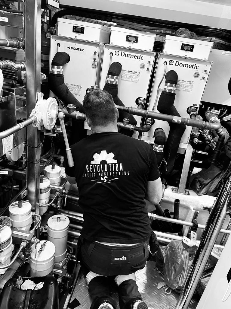 Andy in Revolution Marine Engineering t shirt